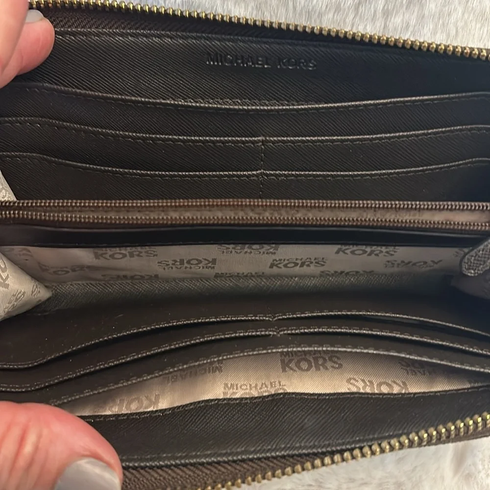 Michael Kors Beige Suede Pouch & Brown MK Signature Zip Wallet